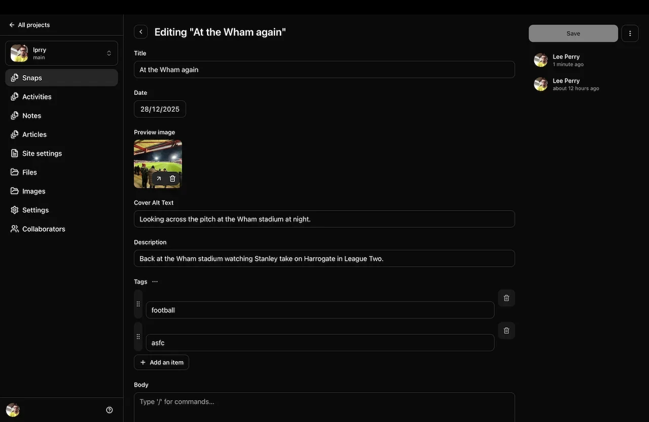 A website with black background showing an image post being edited online.